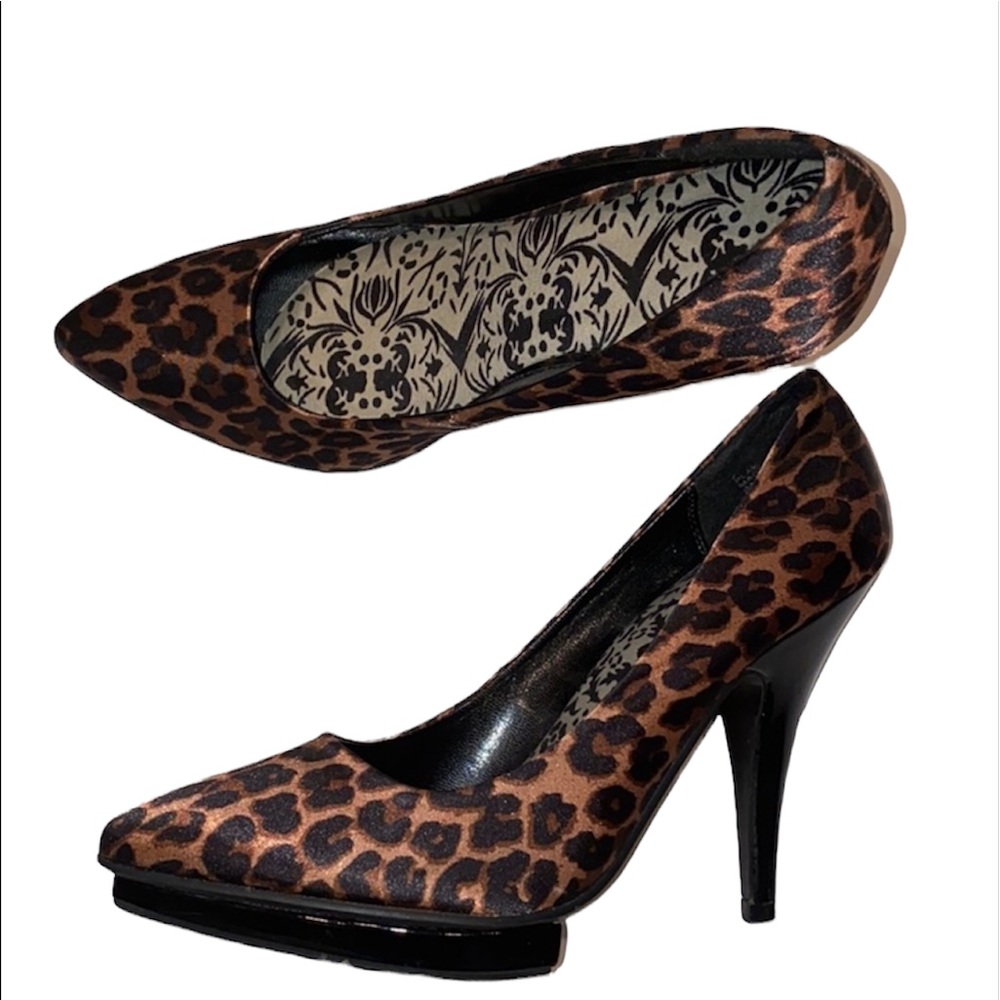 Leopard print satin high heels pumps pointed toe